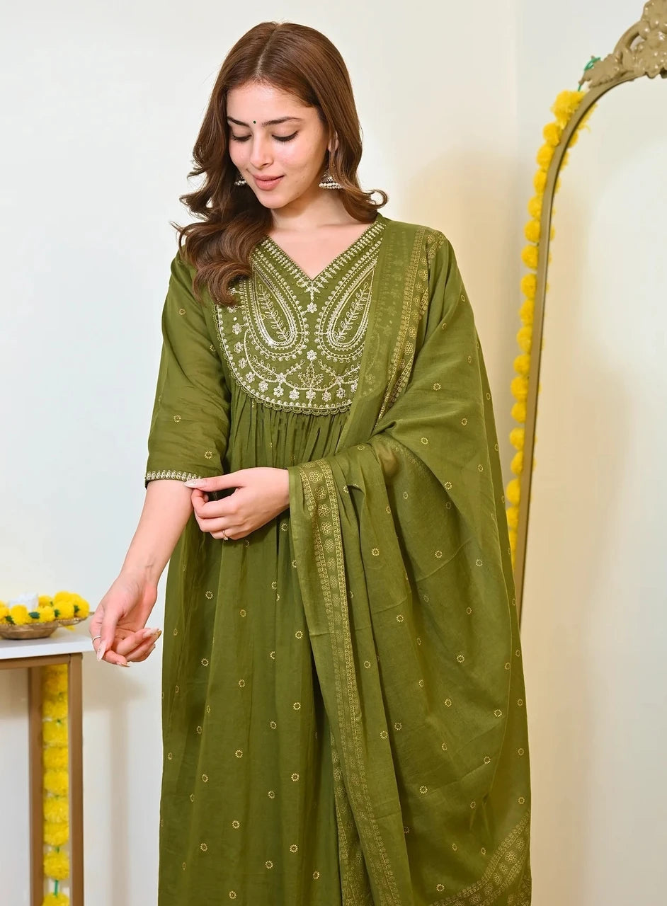 Olive Green Embroidered Anarkali Kurta Pant Dupatta Set