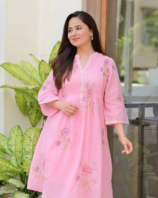 Jaipur  Premium Blush Pink Floral Embroidered A-Line Kurta