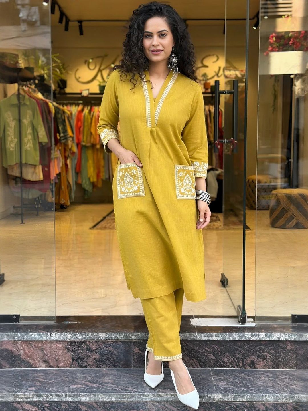 Jaipur Kurta Mustard Yellow Cotton Kurta With White Embroidery