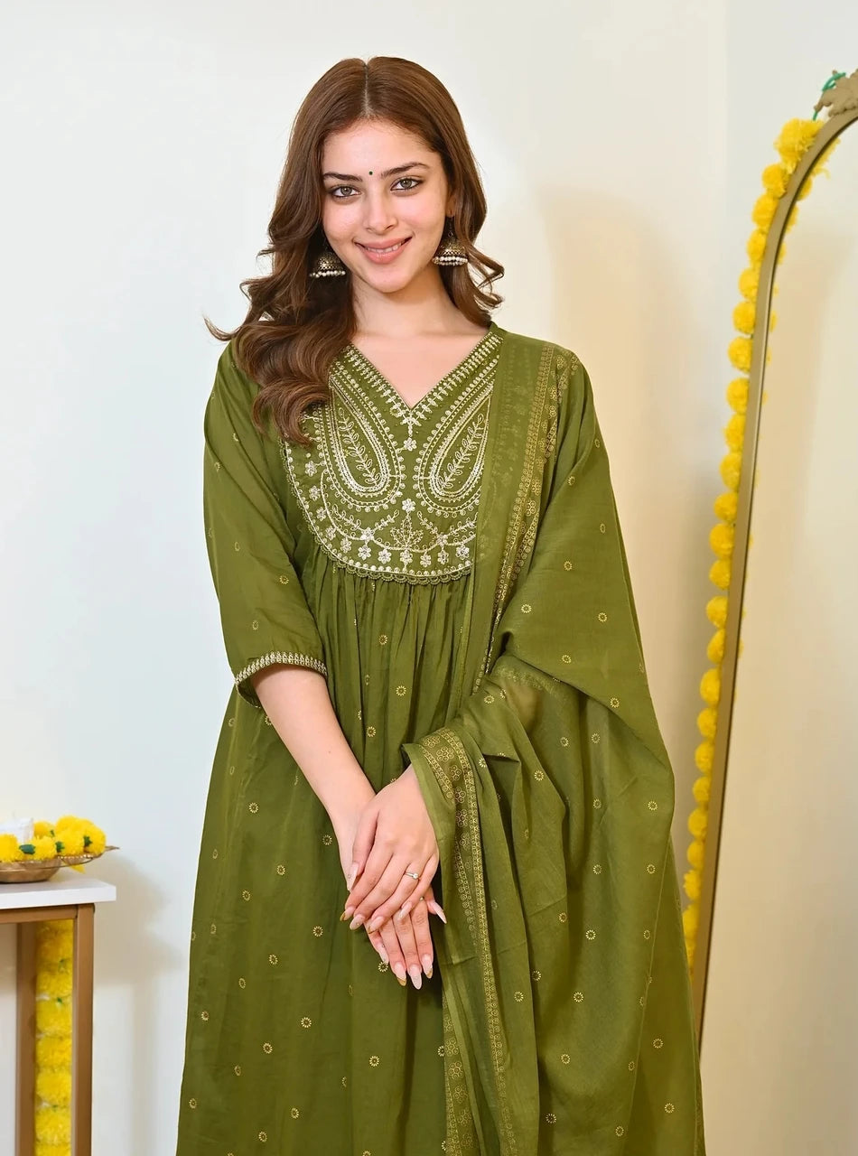 Olive Green Embroidered Anarkali Kurta Pant Dupatta Set